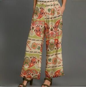 Umgee Wide Leg Border Print Pants